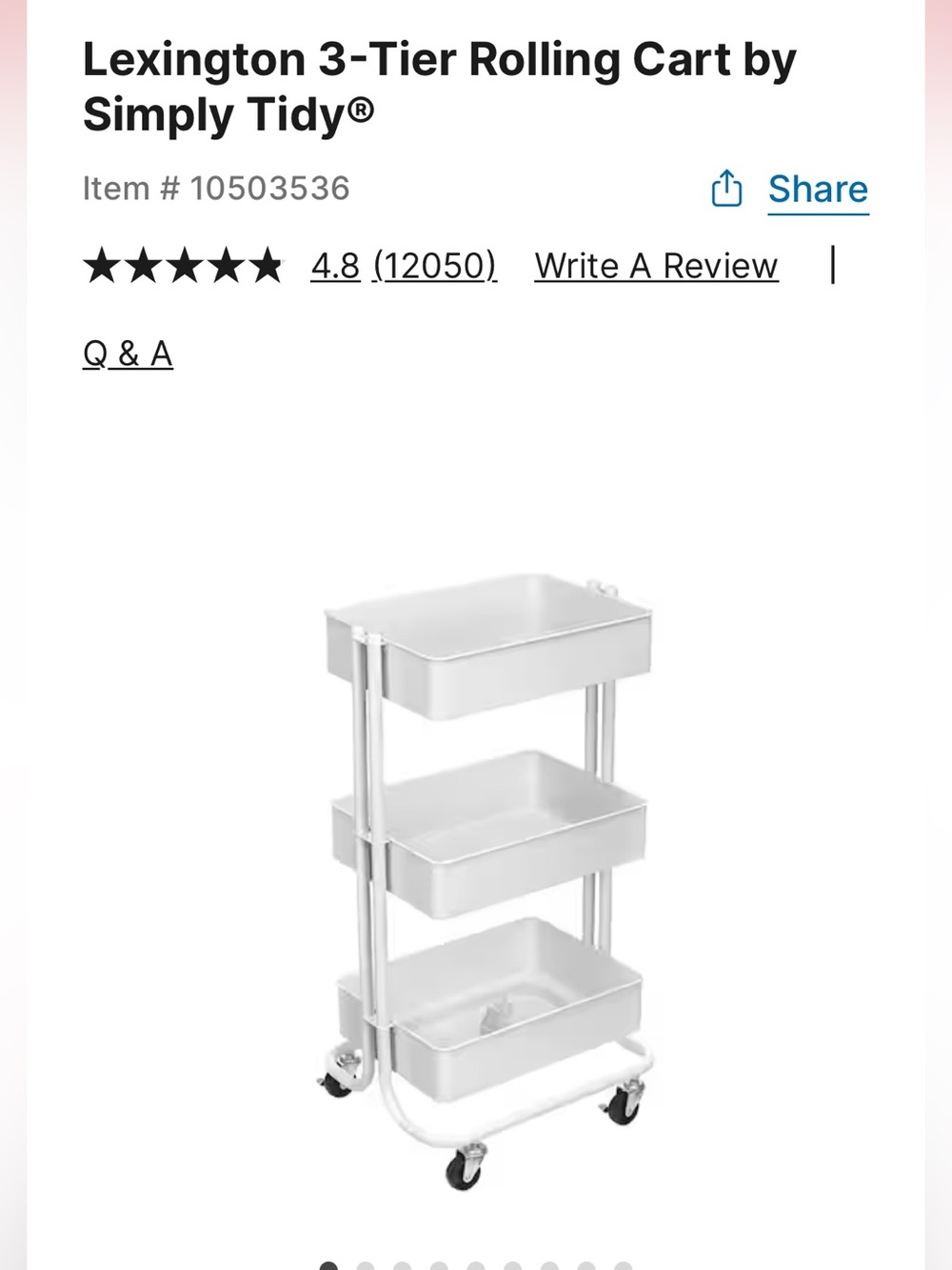 Lexington White 3-Tier Rolling Organizer Cart storage supplies party bar shelves